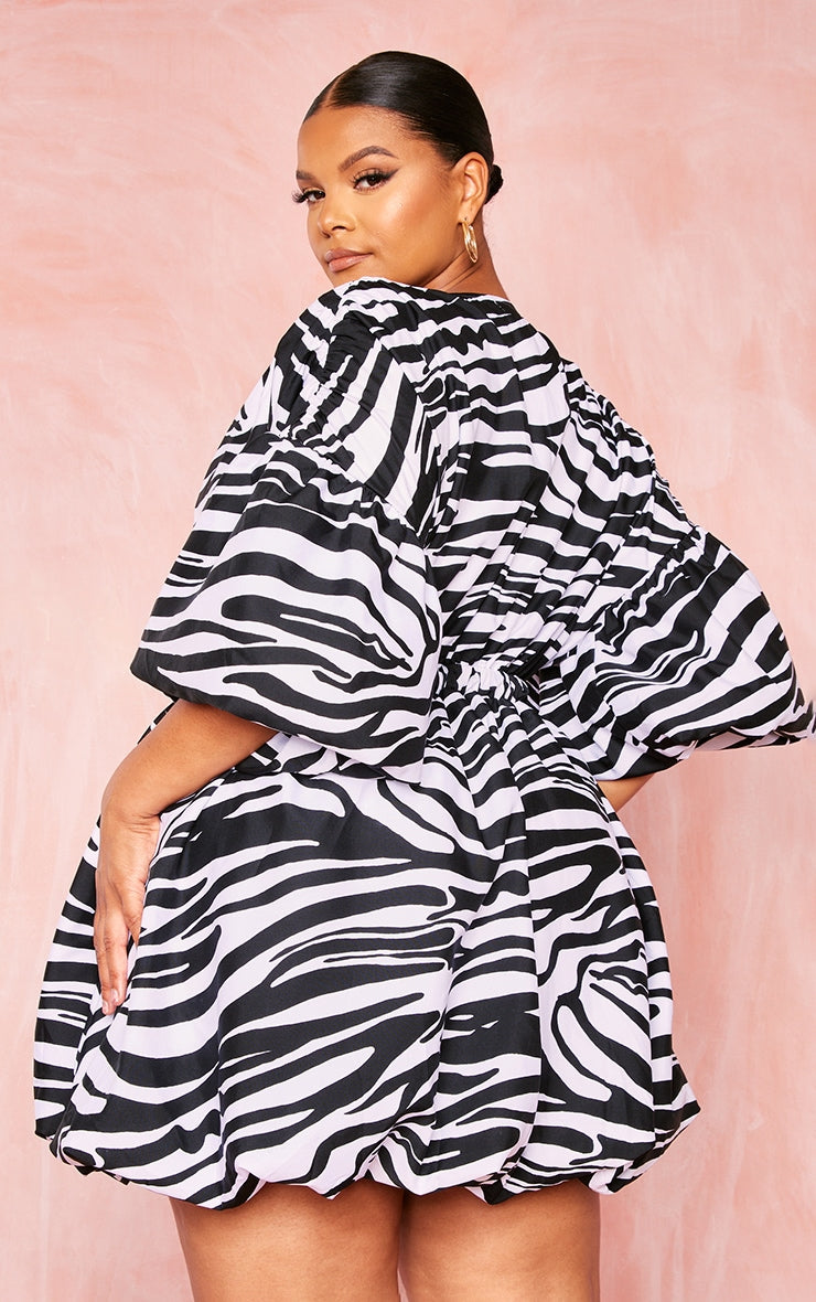 Plus Black Puff Sleeve Puffball Hem Dress