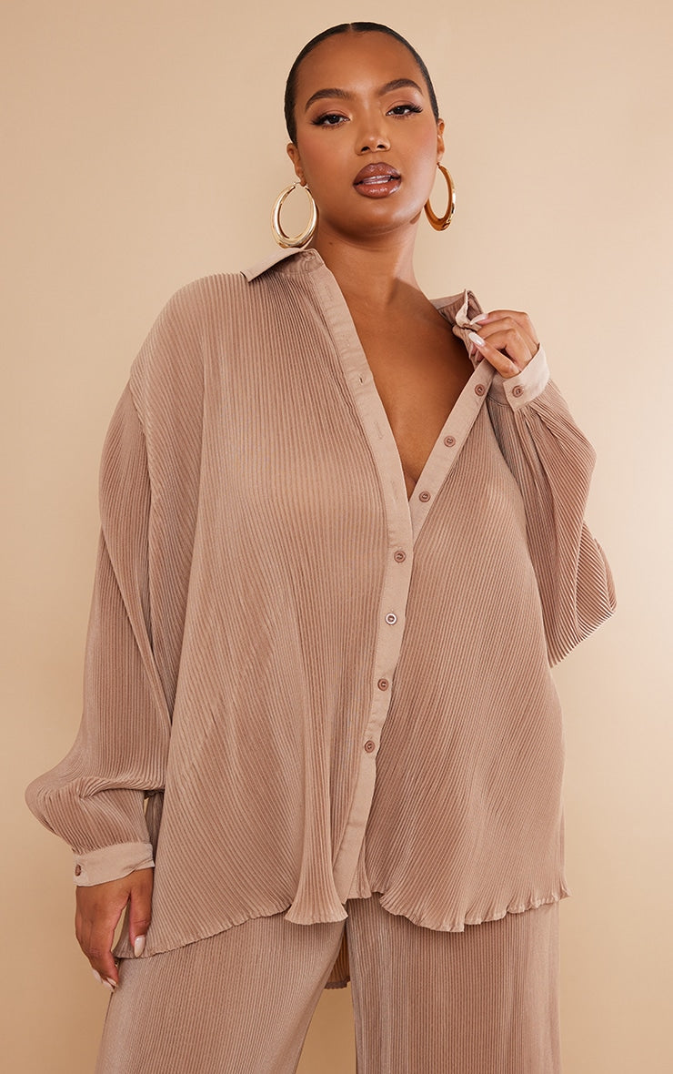 Plus Chocolate Plisse Button Front Oversized Shirt