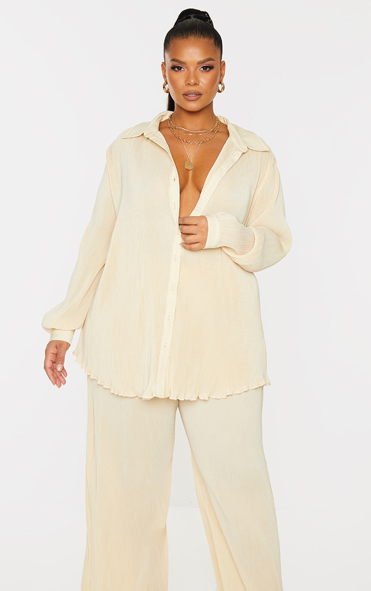 Plus Chocolate Plisse Button Front Oversized Shirt