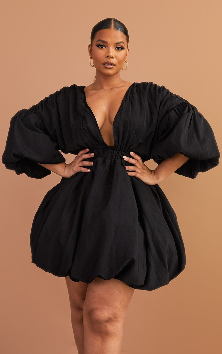Plus Black Puff Sleeve Puffball Hem Dress