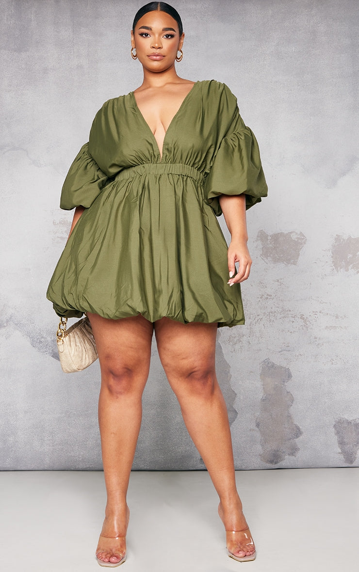 Plus Black Puff Sleeve Puffball Hem Dress