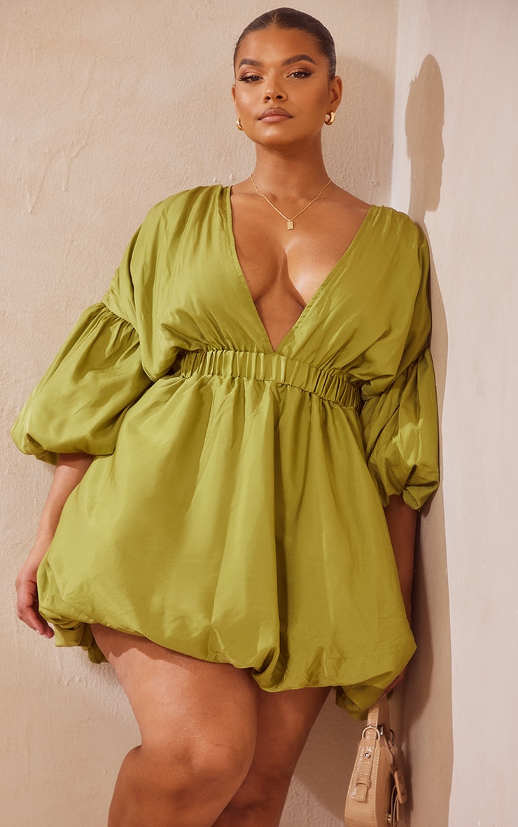 Plus Black Puff Sleeve Puffball Hem Dress