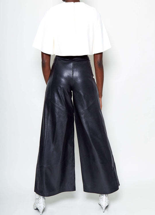 Leather Pants Women High Waist Loose Pockets Waist Faux Leather Bell Bottom Pants