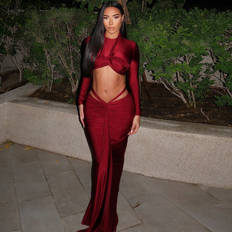 Sexy Long Sleeve Round Neck Crop Top Slim Fit Maxi Two Piece Skirt Set