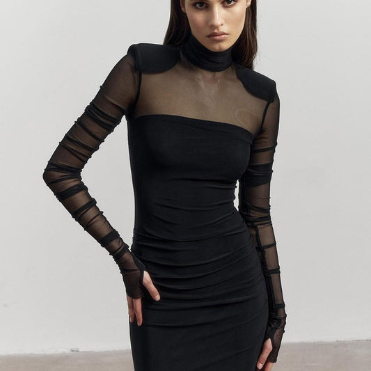 Elegant Half Turtleneck Mesh Slim Fit Sexy Padded Shoulder Maxi Dress Women