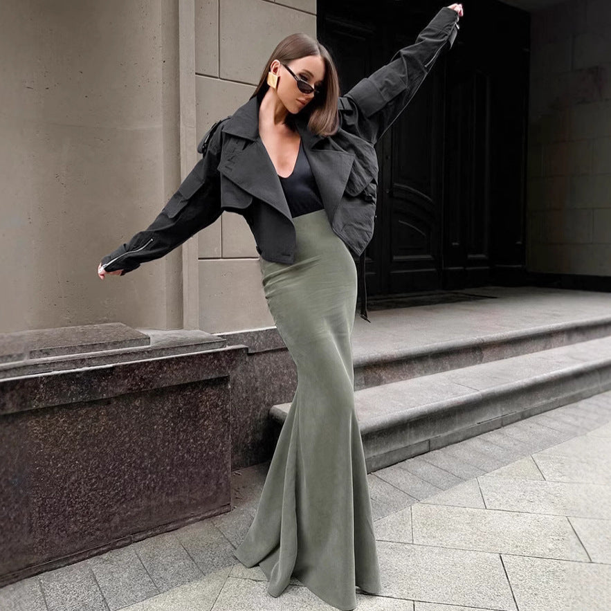 Silver Fox Velvet Green Slim High Waist Fishtail Skirt