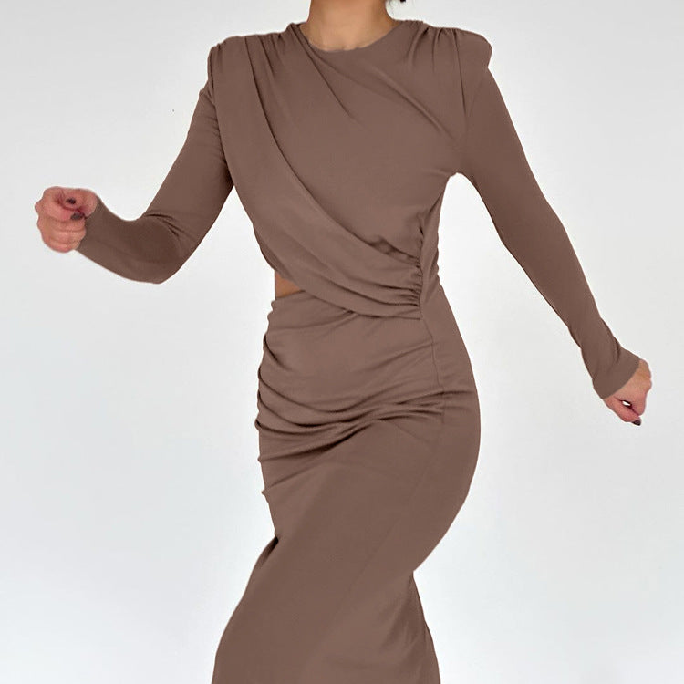 Slim Pleated Round Neck Long Sleeve Cutout Dress