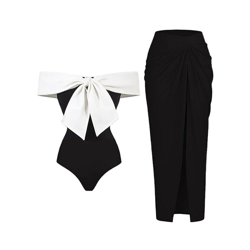 Two Piece Swimsuit Set Off Shoulder Cover up and One Piece Swimsuit