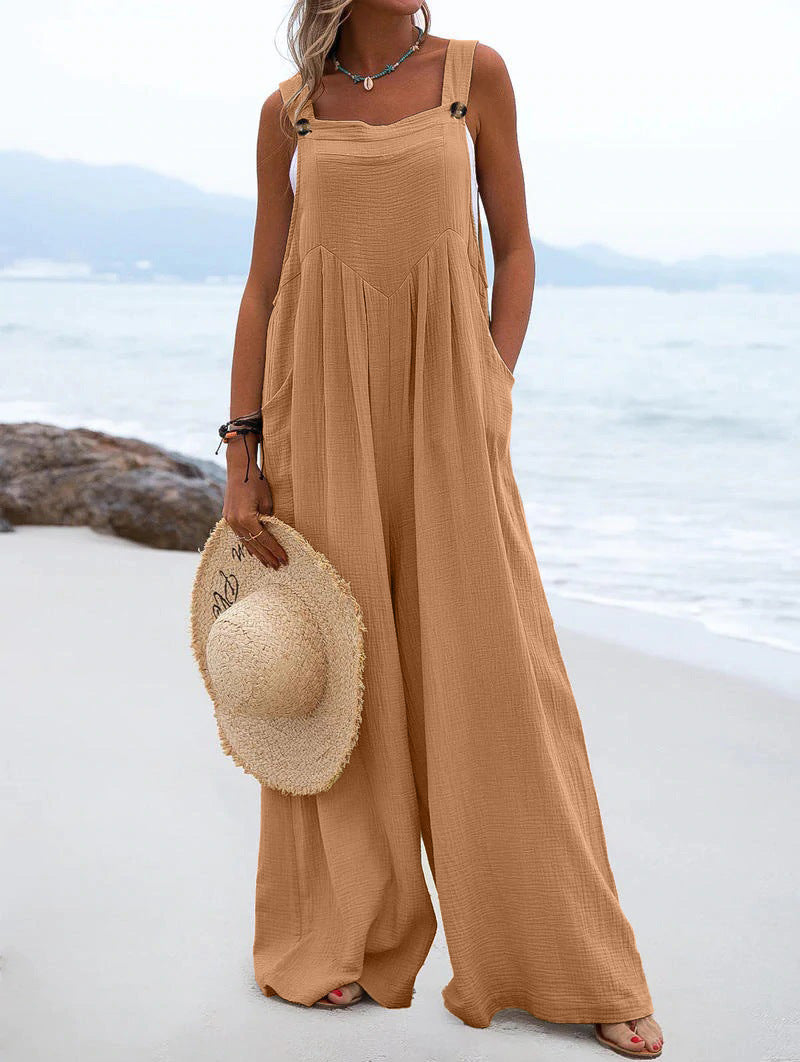 Women Clothing Summer Jumpsuit Ethnic Solid Color Wide Leg Jumpsuit