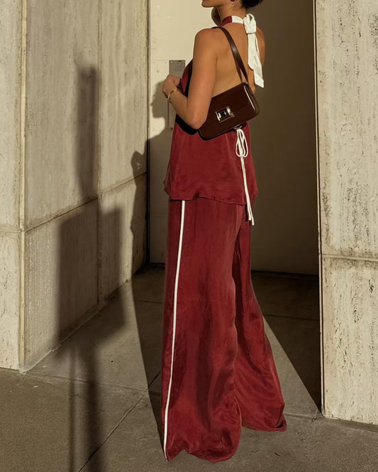 Sleeveless Round Neck Solid Color Wide Leg 2pc Pants Suit