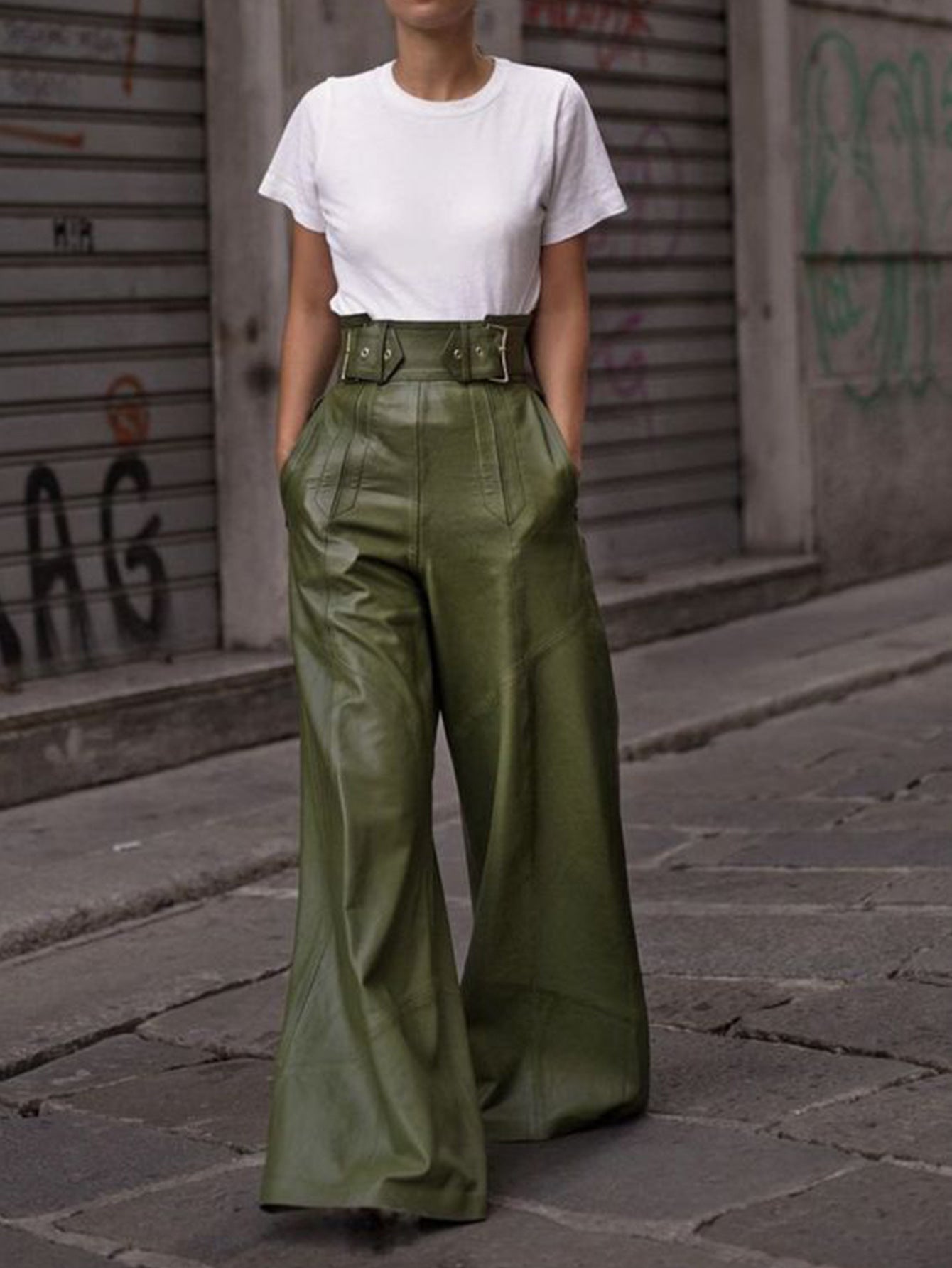 Leather Pants Women High Waist Loose Pockets Waist Faux Leather Bell Bottom Pants