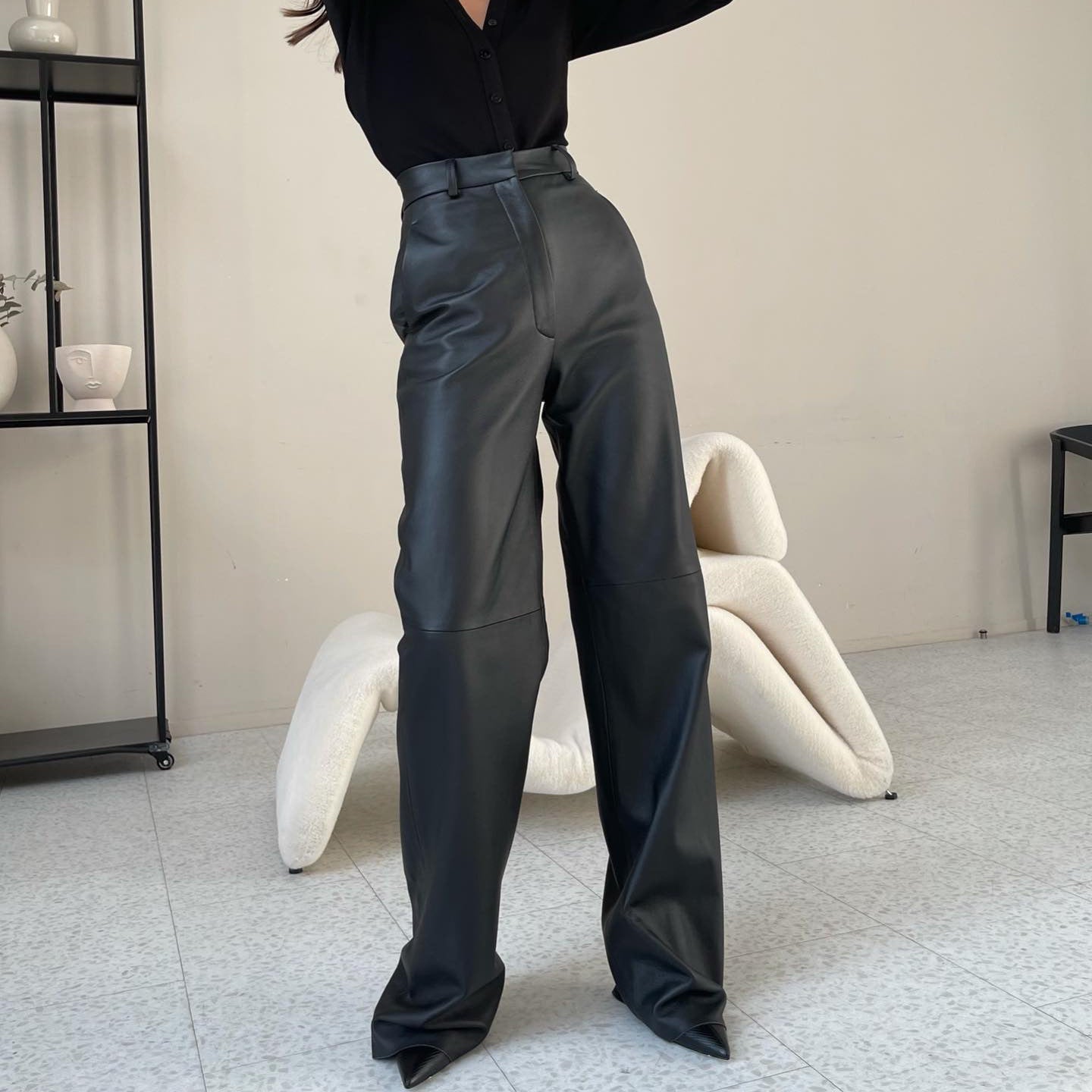 Faux Leather High Waisted Straight Leg Casual Pants