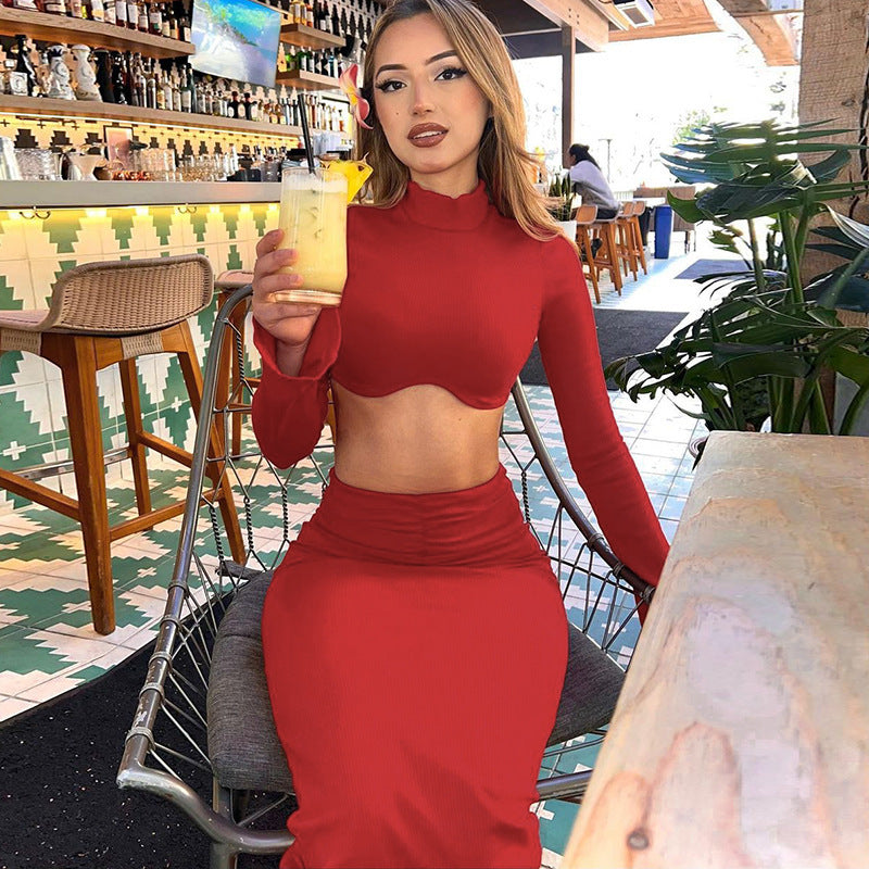 Fall Women's Long Sleeve Crop Top Low Waist Pleated Skirt Set