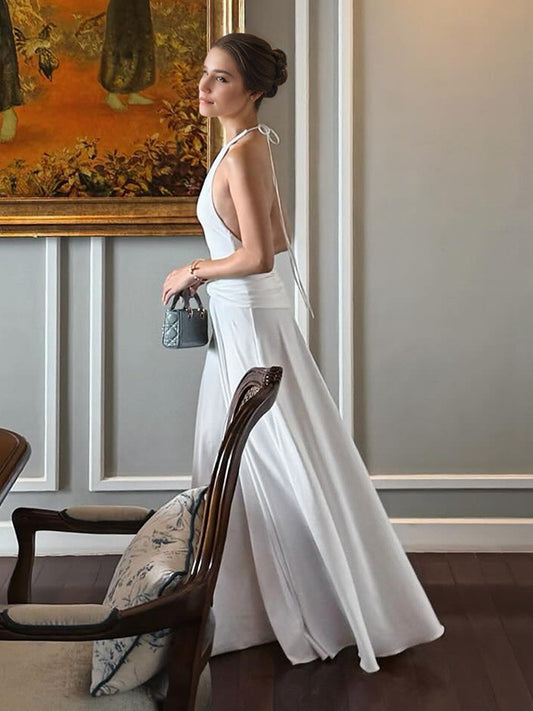 Women Clothing Solid Color Sleeveless Halter Backless Pleated A line Maxi Dress
