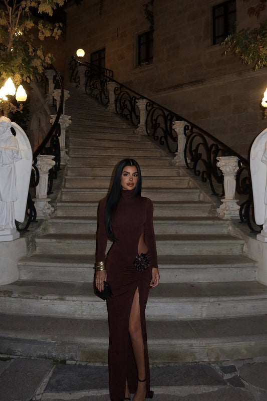 Sexy Elegant Cutout With Three Dimensional Floral Turtleneck Evening Dress