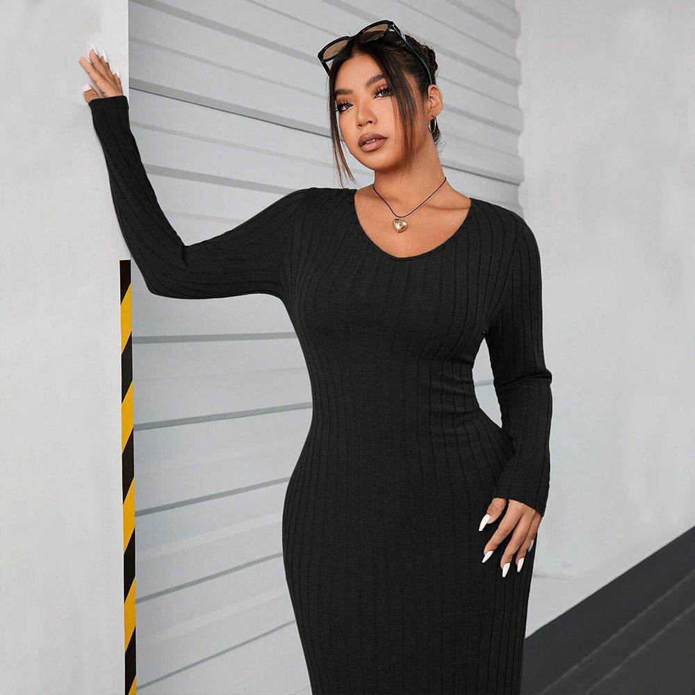 Plus Size Form Fitting Long Sleeve Maxi Dress