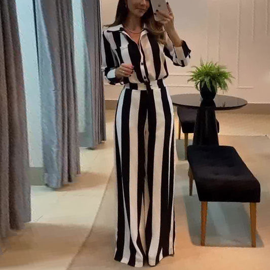 Black White Striped Button Pocket Design Shirt Wide Leg Pants Two Piece Sets
