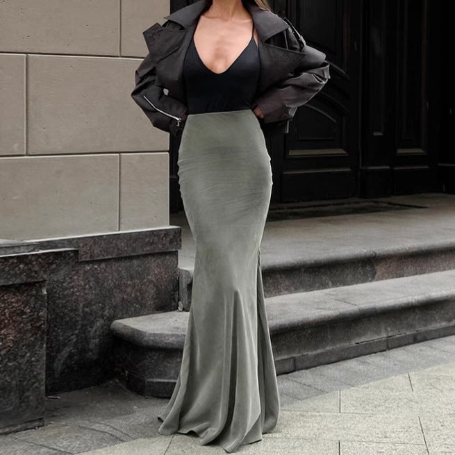 Silver Fox Velvet Green Slim High Waist Fishtail Skirt