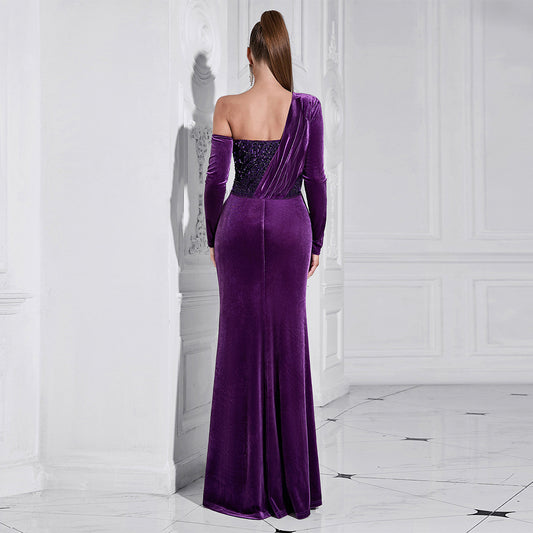 Purple Sequined Long Sleeve Slim Fit High Slit Maxi Dress