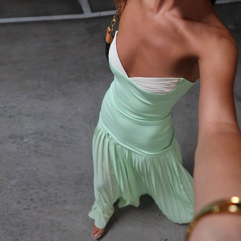Sexy Slim Fit Backless Pleated Waist Tube Top Dress