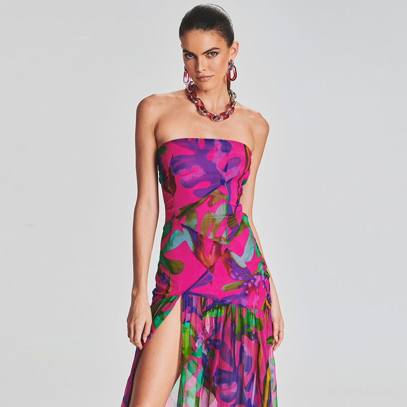 Summer Sexy Tube Top Backless Printed Dress Dress Split Vacation Dress