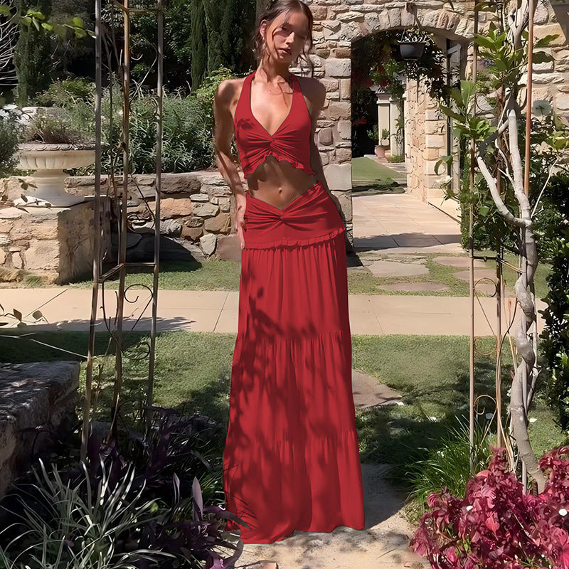 Sexy V Neck Ruffled Halter Spaghetti Straps Detail Twisted Skirt Set