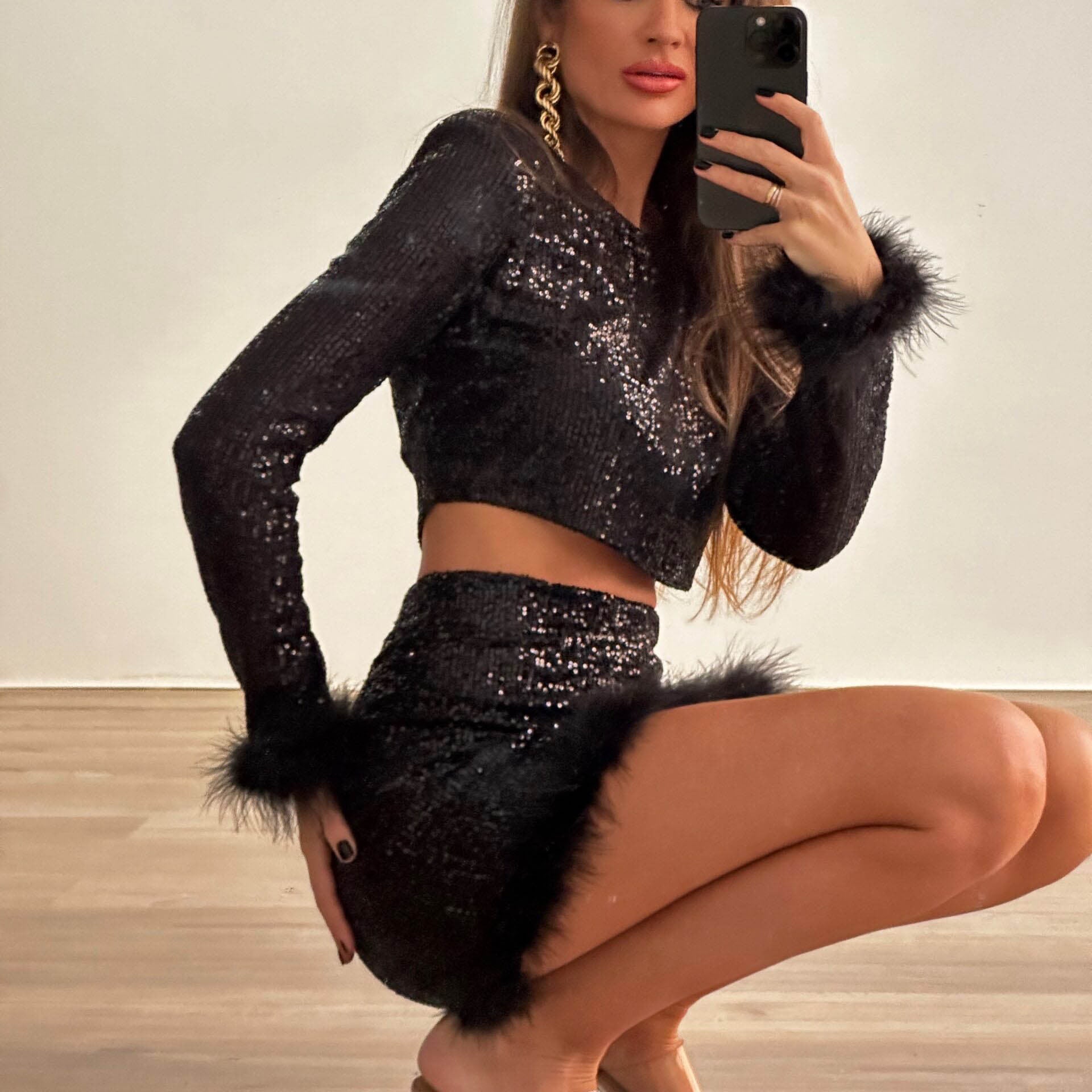 Sexy Sequined Suit Round Neck Long Sleeve Sexy Short Top Short Skirt T Extremely Beautiful LLC Sexy Sequined Suit Round Neck Long Sleeve Sexy Short Top Short Skirt T Extremely Beautiful LLC