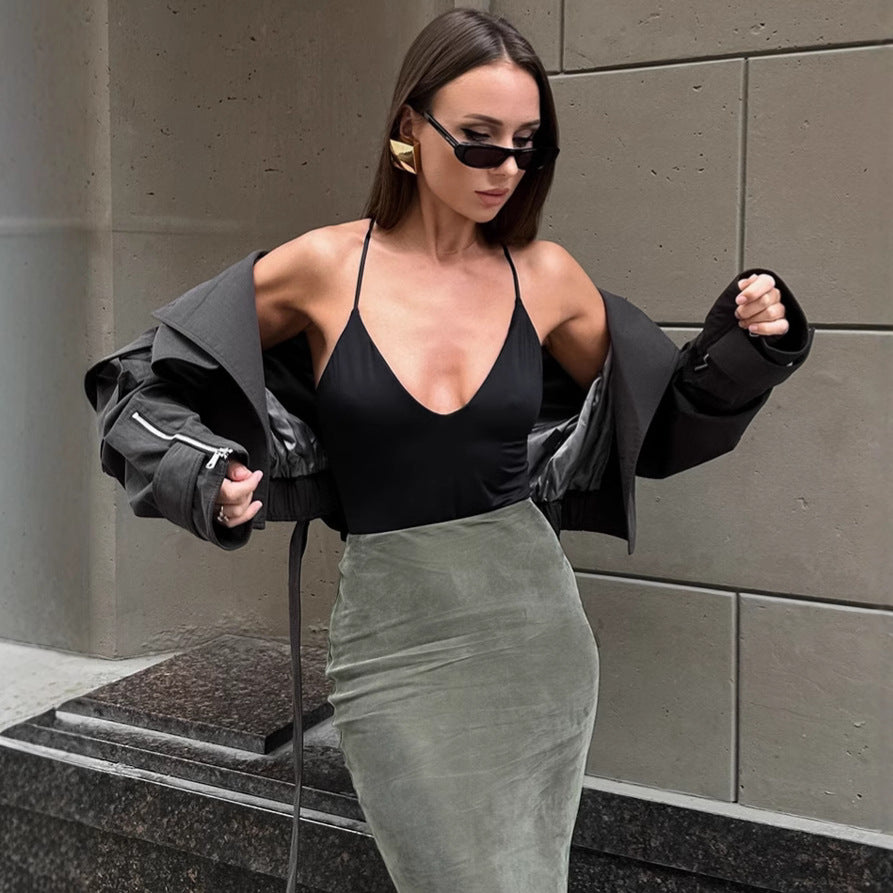 Silver Fox Velvet Green Slim High Waist Fishtail Skirt