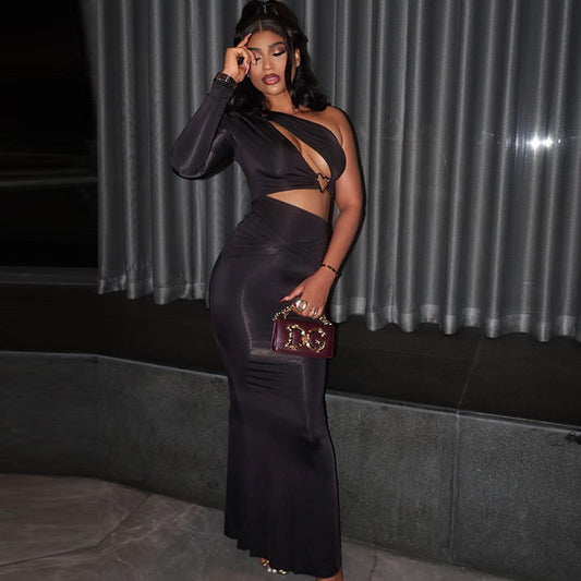 Hollow Out Cutout Bare Cropped Slim Fit Hip Asymmetric One Shoulder Split Sleeve Diagonal Collar Dress