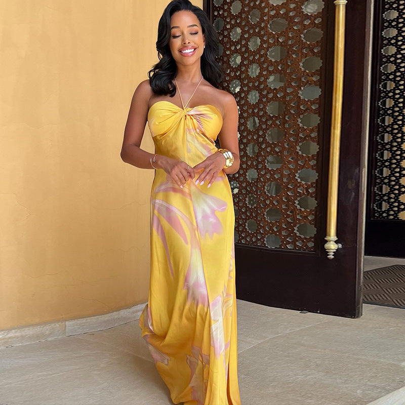 Sexy Gold A Line Halter Maxi Dress