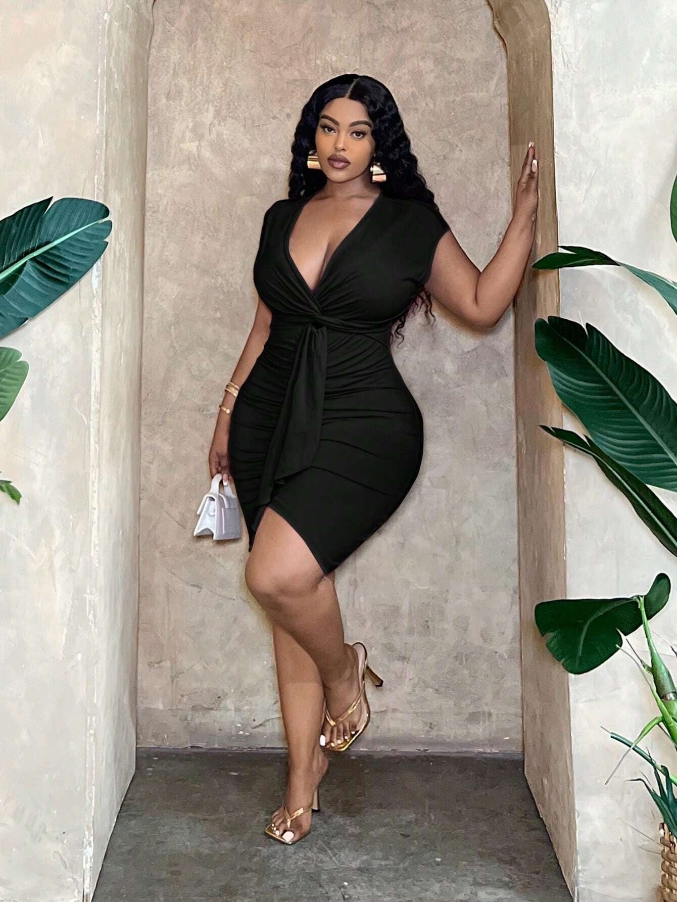 Plus Size Women Sexy Dress Summer V neck Tight Waist Ruffle Hip Short Dress