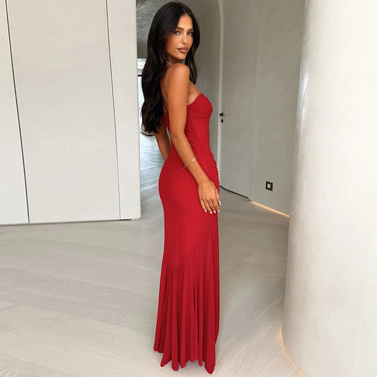 Sleeveless Slim Fit Sheath Pleated Tube Top Maxi Dress
