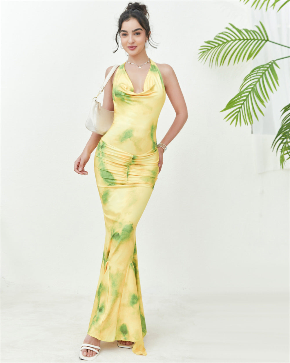 Women Clothing Suspender French Lightly Mature Halter Deep V Plunge Printed Dress Maxi Dress