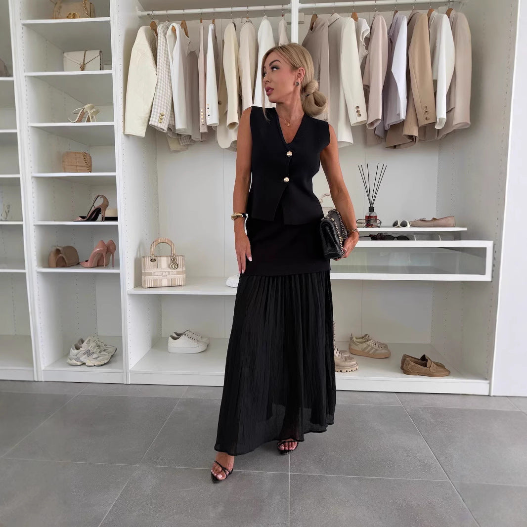 Sleeveless V-Neck Vest Set with Loose Tulle Skirt Set