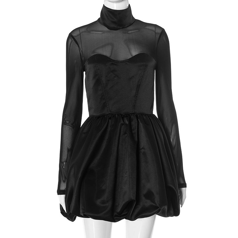 Women Elegant Charming Black Satin Turtleneck Transparent Sleeve Mini Dress