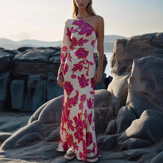 Rose Printed Satin Dress Women Slant Shoulder Maxi Dress