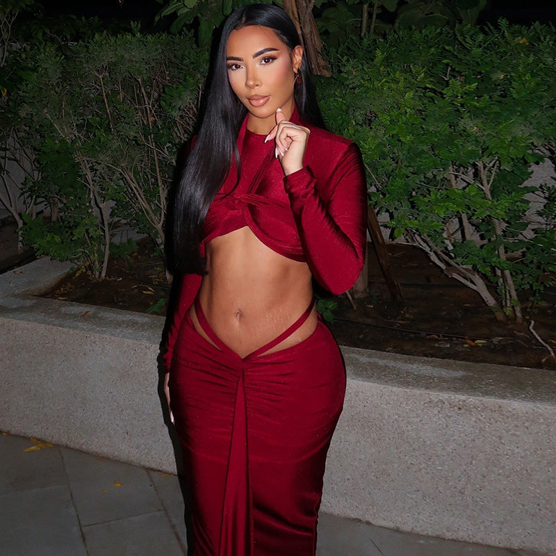 Sexy Long Sleeve Round Neck Crop Top Slim Fit Maxi Two Piece Skirt Set