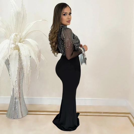 Rhinestone Bodycon Mesh Maxi Dress