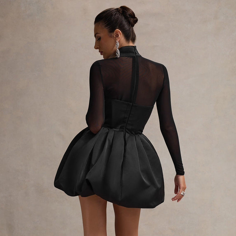 Women Elegant Charming Black Satin Turtleneck Transparent Sleeve Mini Dress