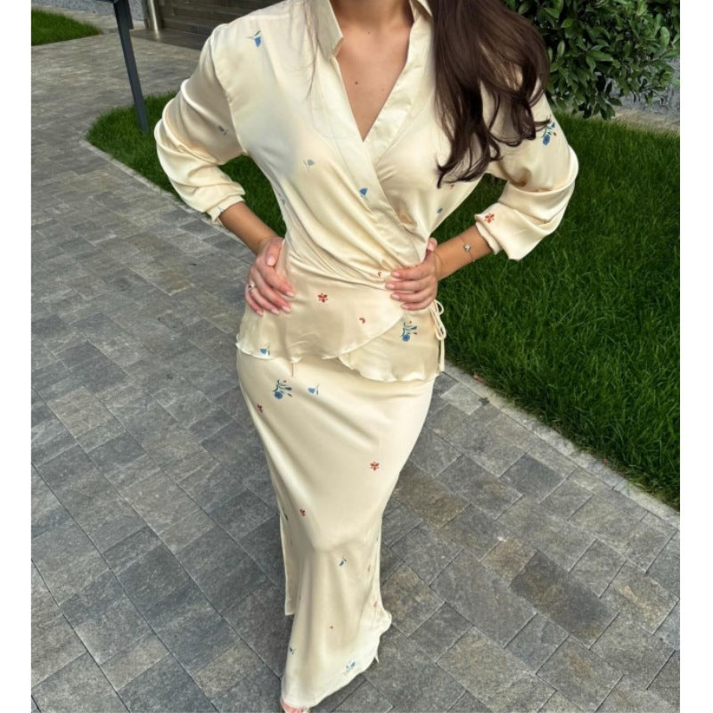 Elegant Satin Long Sleeve Lace up Top Skirt Sets