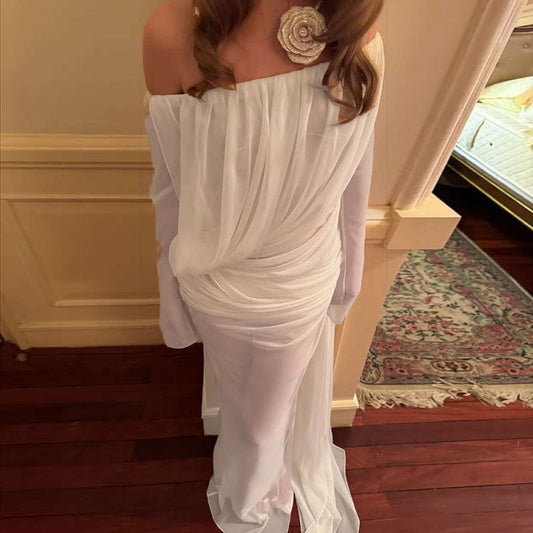 Sexy Mesh Color off Shoulder Sheer Long Sleeve Dress Women