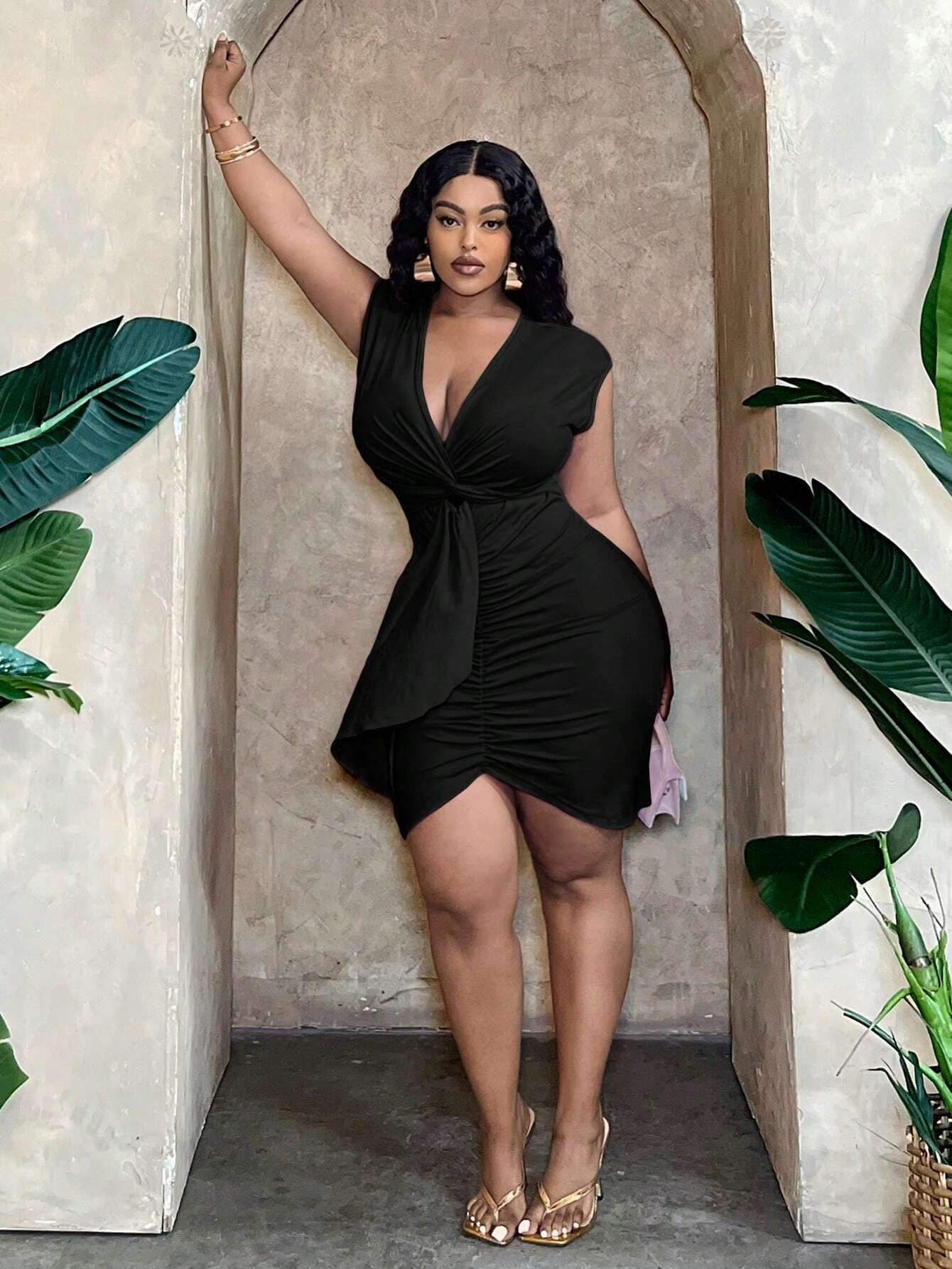 Plus Size Women Sexy Dress Summer V neck Tight Waist Ruffle Hip Short Dress