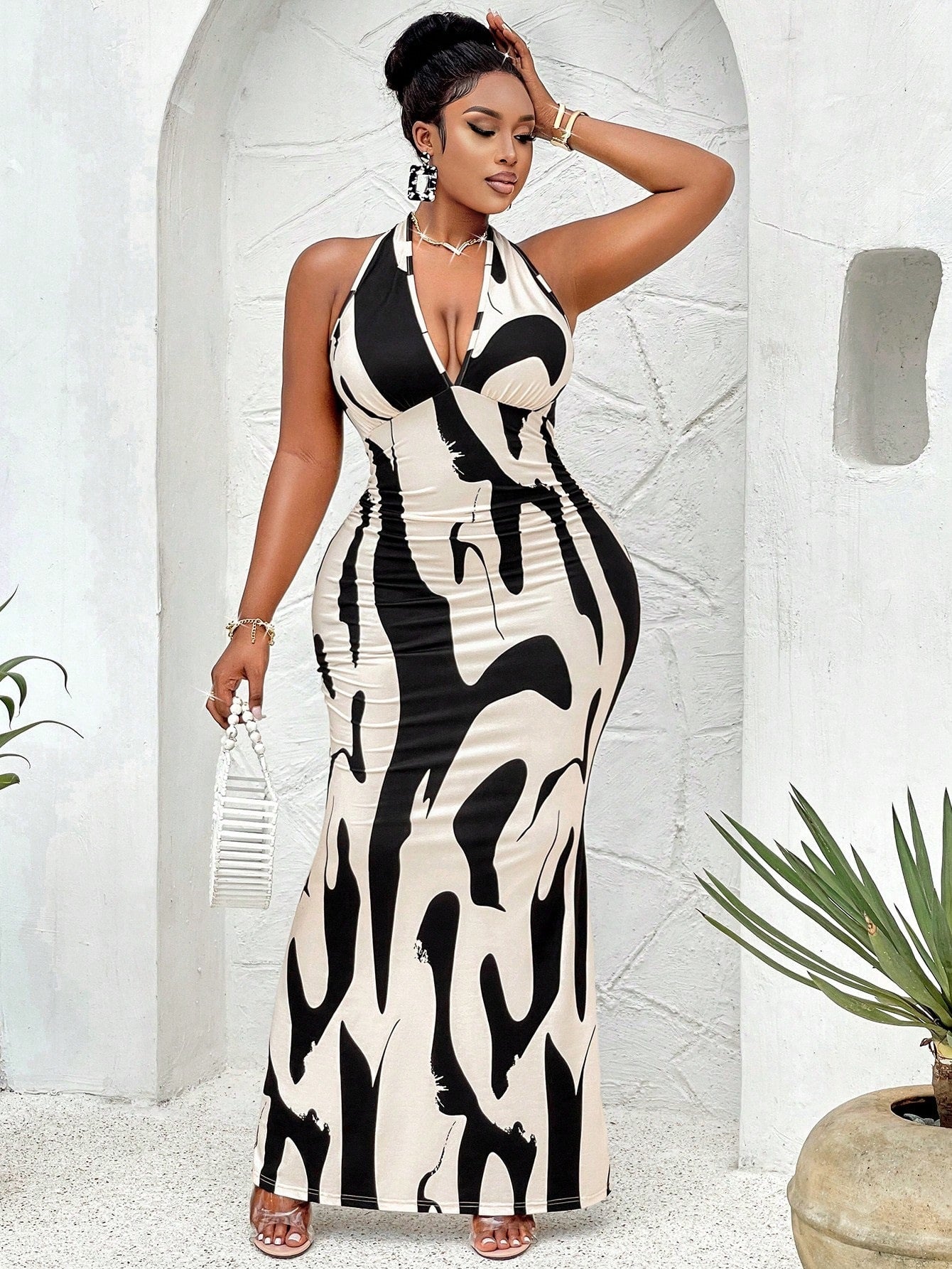 Plus Size Women Spring Summer Sexy Halter Cows Pattern Dress V neck Backless Dress