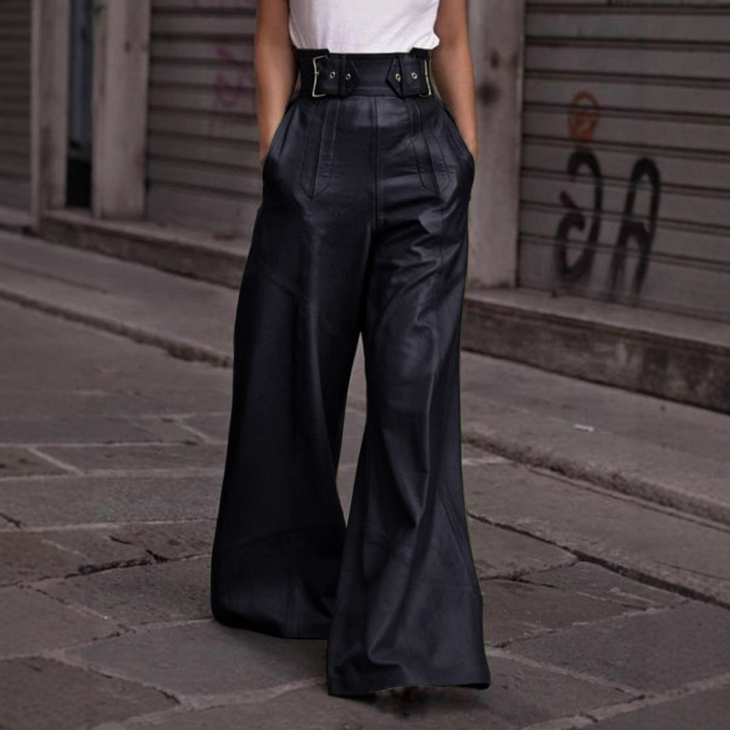 Leather Pants Women High Waist Loose Pockets Waist Faux Leather Bell Bottom Pants
