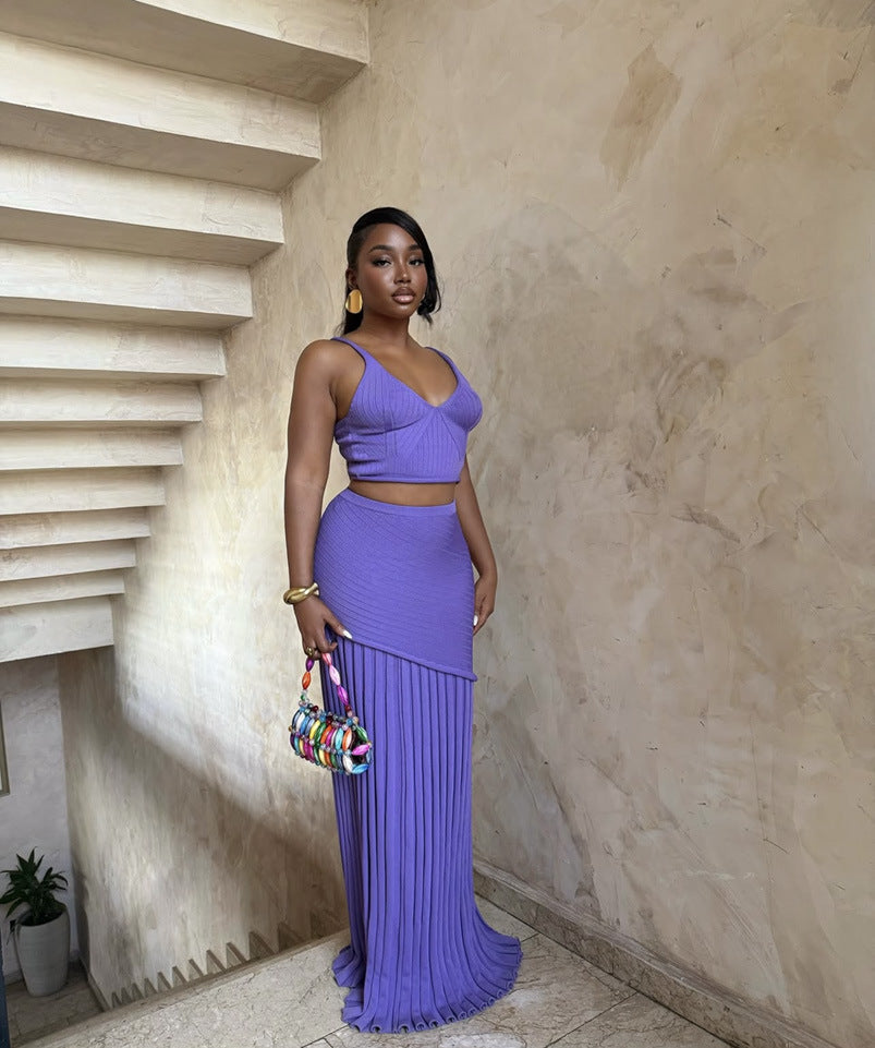 Spring Summer V neck Sling Vest Hip Pleated Long Skirt Wool Woven Two Piece Sets