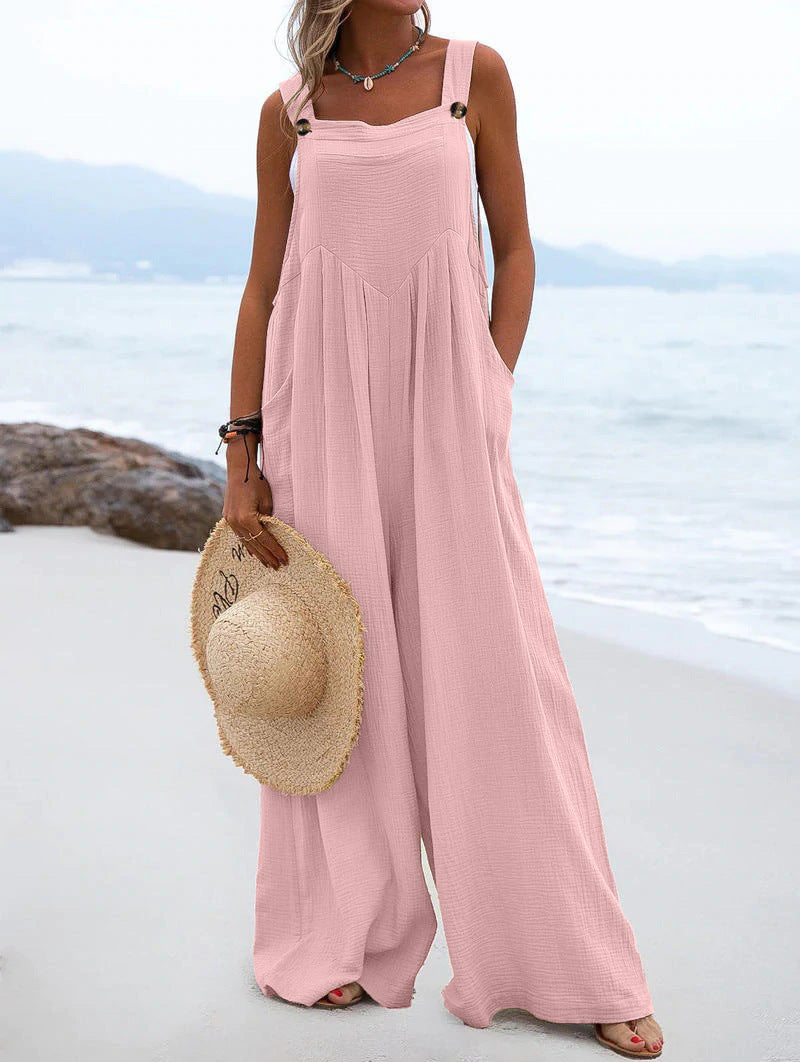 Women Clothing Summer Jumpsuit Ethnic Solid Color Wide Leg Jumpsuit