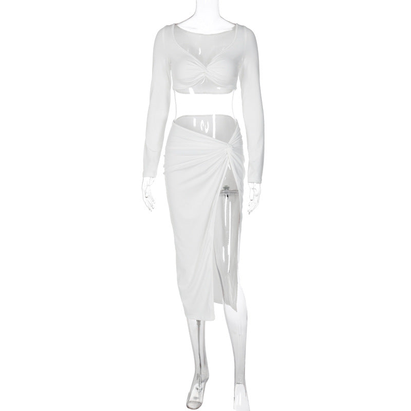 Long Sleeved V neck sets Autumn Women Sexy Tight High Waist Slit Skirt Two Piece sets