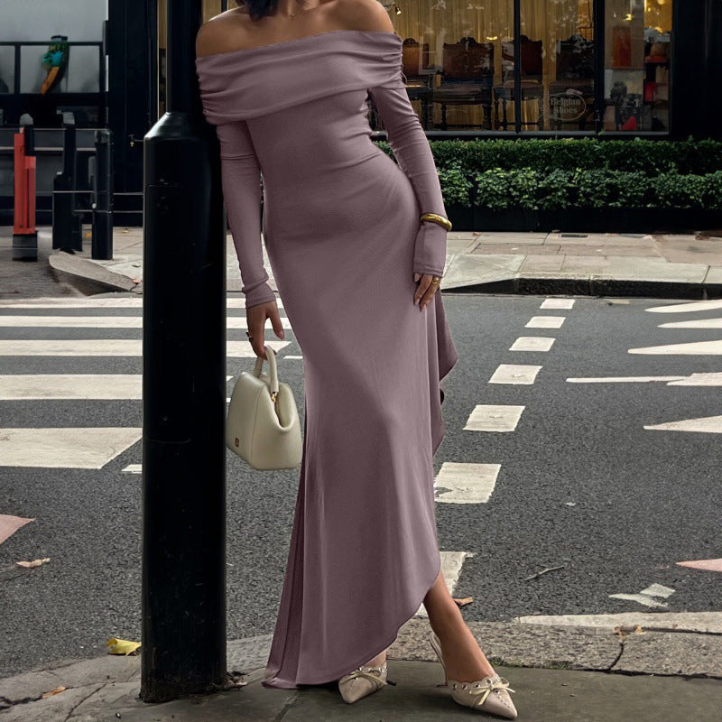 Off Shoulder Long Sleeve Slim Asymmetric Dress