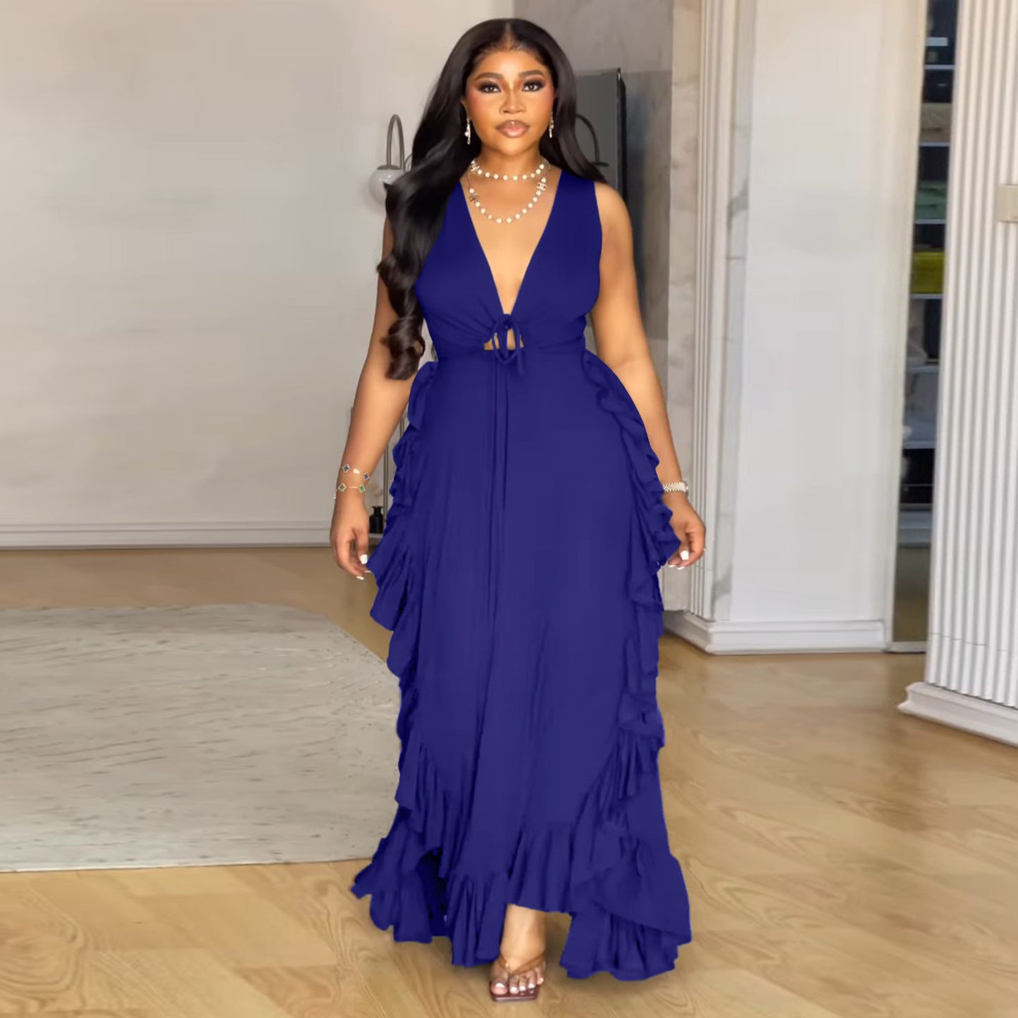 Sexy Cold Shoulder Elegant Ruffled High Waist Crop Top Spaghetti Strap European plus Size Dress