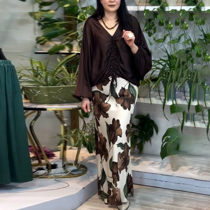 Elegant Sexy Print V-neck Top and Skirt Two Piece Set